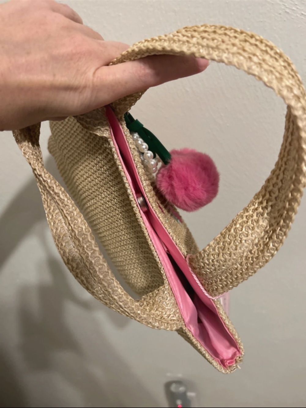 NWT Straw Tote Bag with Pink Cherry Embroidery and removable bag charm - Picture 5 of 7
